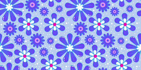 Flower power retro 1990s seamless pattern with daisy for wallpaper design. Psychedelic print. Flower power. Trendy pop art retro floral pattern. Bright seamless design.