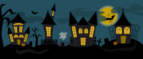 Halloween scary street with witch houses and evil pumpkins, bats and full moon