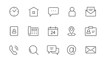 Contact, address line icon set. Mail, telephone adress, message symbol for website button. Editable stroke thin line design icon set. Vector illustration.