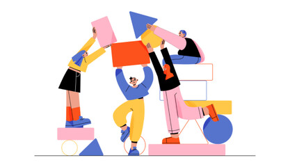 Business teambuilding, partnership and cooperation concept with happy people with abstract geometric shapes. Teamwork process, brainstorm and creative communication, vector illustration