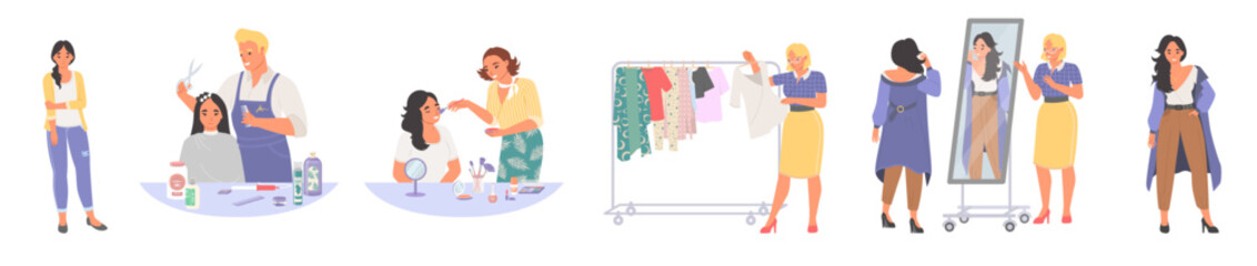 Stylish woman caring about appearance vector set