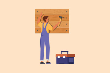 Business design drawing professional worker in overalls hammering wall. Nail in wood. Construction work at home. Building, construction and repair work services. Flat cartoon style vector illustration