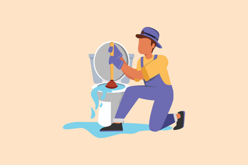 Business flat cartoon style drawing toilet cleaning, plumbing service. Plumbing toilet leakage, clogging, plumber repair tools. Sewage system. Toilet bowl and sewer. Graphic design vector illustration