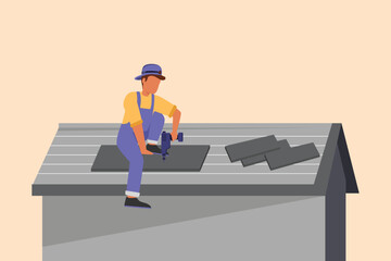 Business flat cartoon style drawing roofer installing wooden or bitumen shingle. Roofer man fixing house roof with electric screwdriver. Repairman repair occupation. Graphic design vector illustration - obrazy, fototapety, plakaty