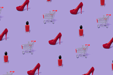 Seamless pattern made of red women high heel shoe, shopping cart, perfume on purple background....