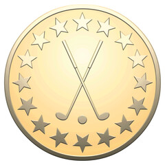 Gold star medal with clubs and golf ball on a white background	