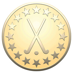 Gold star medal with hockey accessories on a white background	
