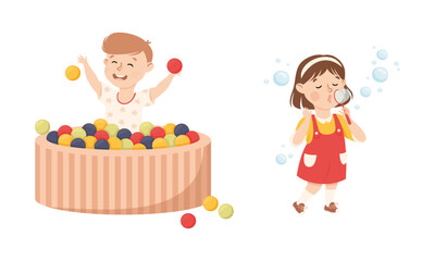 Smiling Girl and Boy in Pool with Colorful Balls and Blowing Bubbles Playing and Having Fun Vector Set