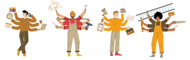 Diverse people with many hands. Multitask, workaholic with multiple tasks concept. Vector flat illustration of businessman, office worker, carpenter and handyman holding many tools