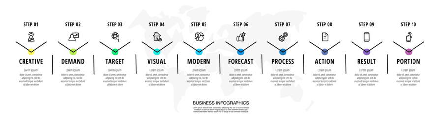 Infographic vector arrow design with ten steps. Infographics for business concept with 10 icons. Used for diagram, presentations banner, timeline, process, chart, info graph