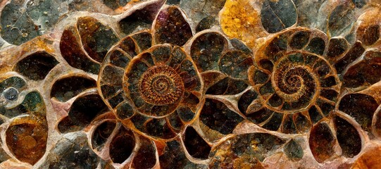 Rustic autumn hues spiral ammonite fossil embedded in rock, surrounded by pebbles and chips of jasper, quartz and amber. Decorative modern prehistoric art. 