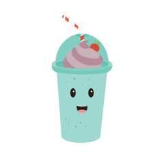 Milkshake in plastic cup with berry cream, strawberry and with kawaii eyes. Drink sweet design illustration