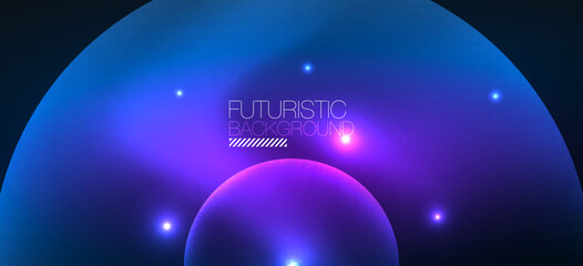 Shiny neon geometric abstract background. Glowing lights on round shapes, triangles and circles. Wallpaper for concept of AI technology, blockchain, communication, 5G, science, business
