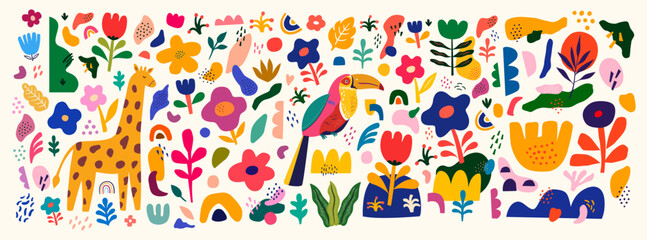 Trendy creative beautiful illustration with toucan, giraffe and flowers. Blooming design with bird. Vector colorful illustration with tropical flowers, leaves and bird