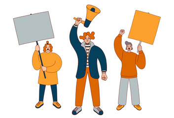 People protesting. Activists with loudspeaker and placards at riot. Protesters at demonstration. Activism concept. Flat vector illustration isolated on white background