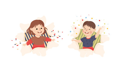 Children Looking Through Torn Paper Hole with Confetti Explosion Vector Set