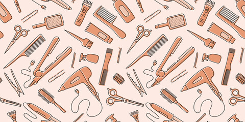 Hairdressing tools seamless pattern. Professional hair dresser equipment. Hand drawn doodle vector illustration. Barbershop symbol. Hairdryer, scissors, comb, straightener and curler