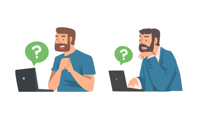 Young Bearded Man Character Asking Question Using Internet Search System on Laptop Vector Set