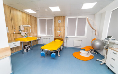 Recovery modern room with comfortable beds. Clean and empty room in new medical center.