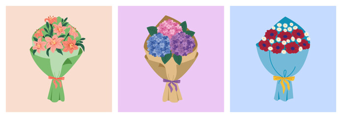 Set of three beautiful bouquets in packaging. Beautiful blooming flowers for congratulation. Holiday present. Hand drawn vector illustration isolated on colored background. Modern flat cartoon style.