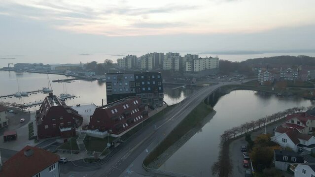 Aerial view of the new houses in Khilstroms kaj in the naval city of Karlskrona, Sweden.