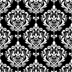 Damask elegant vector seamless pattern, victorian textile or fabric print design with flowers, swirls and leaves in white on black
Print