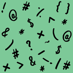 pattern with the image of keyboard symbols. Punctuation marks. Template for applying to the surface. pastel green background. Square image.