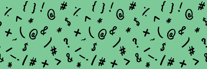 pattern with the image of keyboard symbols. Punctuation marks. Template for applying to the surface. pastel green background. Banner for insertion into site.