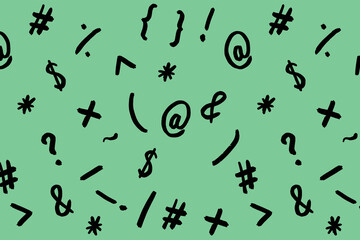 pattern with the image of keyboard symbols. Punctuation marks. Template for applying to the surface. pastel green background. Horizontal image.