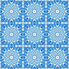 Blue white watercolor azulejos tile background. Seamless coastal geometric floral mosaic effect. Ornamental arabesque all over summer fashion damask repeat