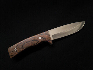 Full tang stainless steel bowie knife with wooden scale on a black background
