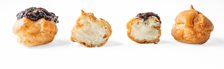 Homemade profiteroles with ricotta cream isolated on a white background