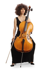 Woman in a black dress sitting on a chair and posing with a cello