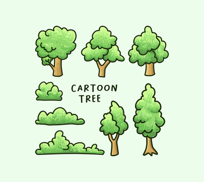 Set of cartoon trees doodle illustrations