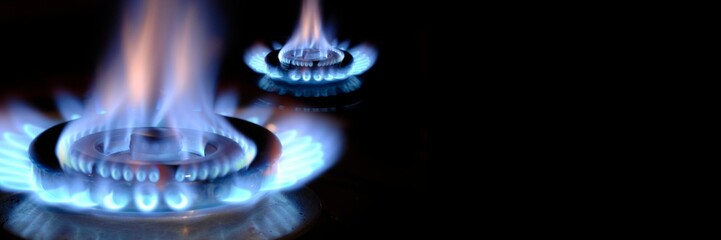 gas flame burns on a stove