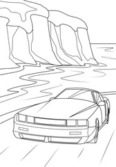 A sports car drives along the road against the backdrop of the sea. Funny coloring book for boys. Vector illustration