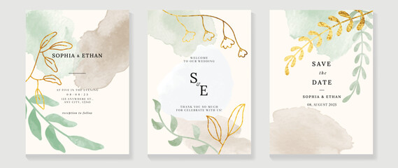 Luxury botanical wedding invitation card template. Watercolor card with gold line art, flowers, leaves branches, foliage. Elegant blossom vector design suitable for banner, cover, invitation.