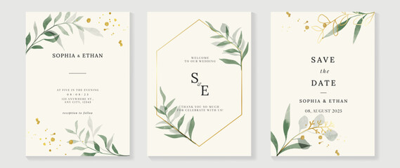 Fototapeta na wymiar Luxury botanical wedding invitation card template. Watercolor card with gold line art, eucalyptus, leaves branches, foliage. Elegant blossom vector design suitable for banner, cover, invitation.