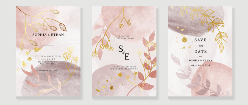 Luxury wedding invitation card template. Watercolor card with gold line art, purple color, leaves branches, foliage. Elegant autumn botanical vector design suitable for banner, cover, invitation.