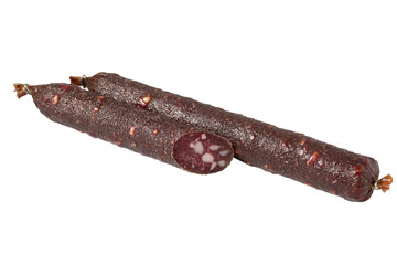 Smoked and air dried sausages, Dry sausage isolated on white background, for catalog, menu
