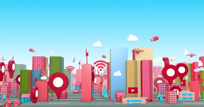 Futuristic Cartoon Smart City Surrounded By Technology Gadgets. Technology And Smart Cities Related 3D Animation.
