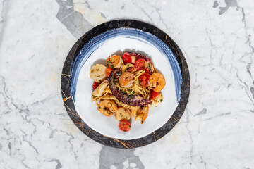 Pasta with seafood.