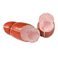 Smoked boneless piece of ham isolated on white background. Meatworks boiled ham product photo, for catalog, menu