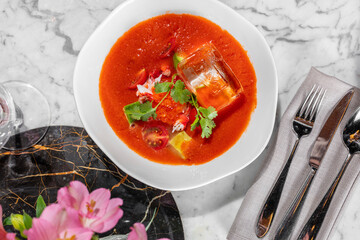 Gazpacho with red caviar and crab meat