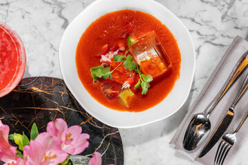 Gazpacho with red caviar and crab meat