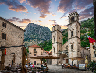 Church of Saint Tripuna in the old town of Kotor.Montenegro. Evening view of the Cathedral of Saint...