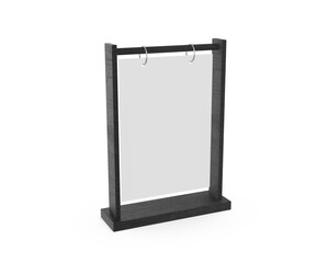 Metal ring flip menu holder T-shape A4 acrylic table menu stand mockup, 3d render illustration