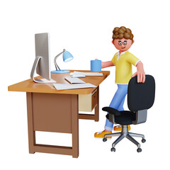 3d render character working on desktop work from home