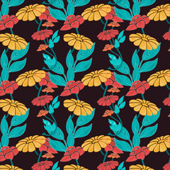 Seamless floral pattern of English vermillion, maximum yellow red, mandarin color daisy and daffodils flower with light sea green color leaf on xiketic color on background. textile design, wallpaper.