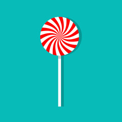 Candy lollipop. Sweet peppermint lollypop on stick. Red-white swirl caramel on cane with shadow on blue background. Christmas icon. Round lolly for logo of confectionery. Vector